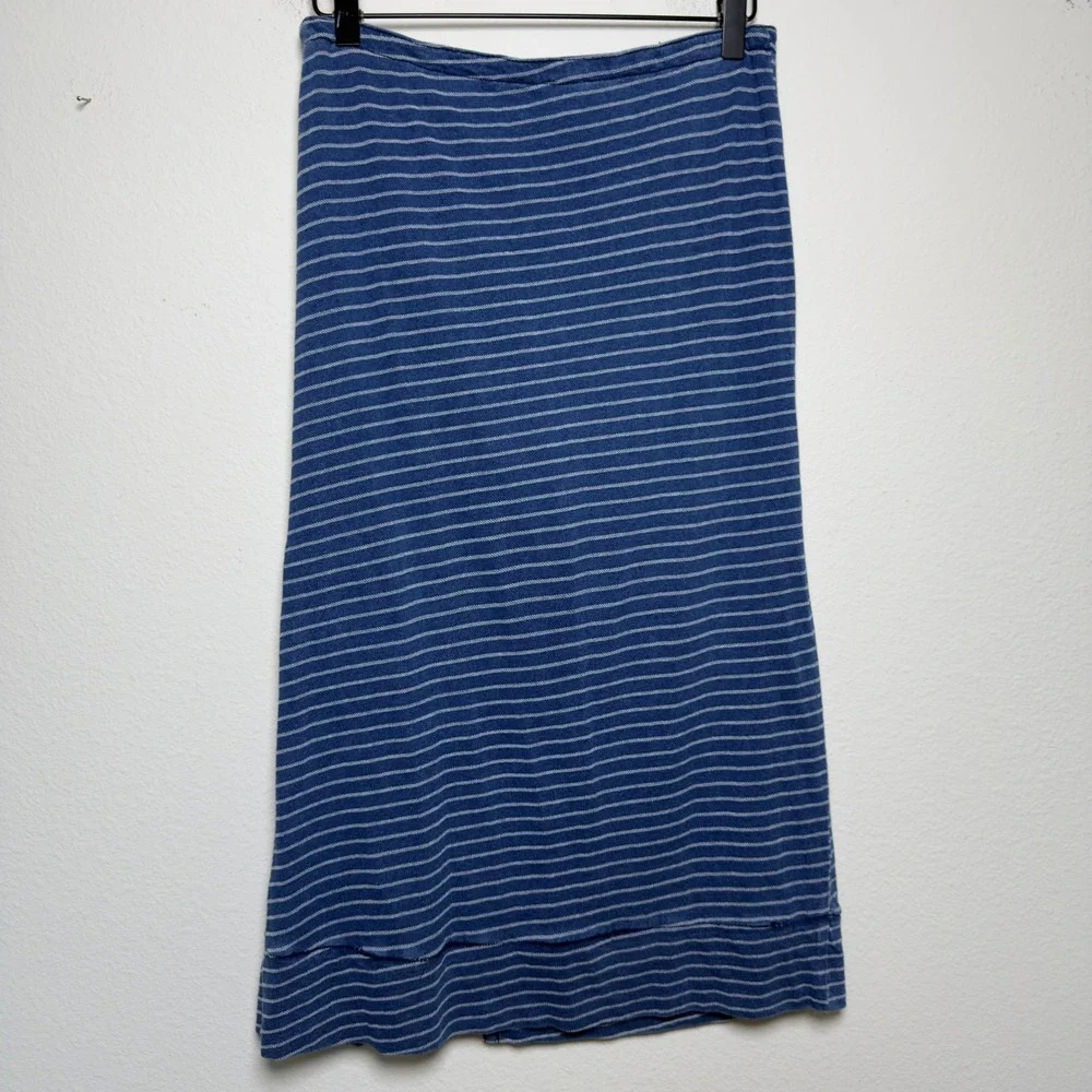 Pilcro Anthropologie Women Midi Skirt 6 Blue Striped Ruched Pull On Side Slit - Picture 6 of 10